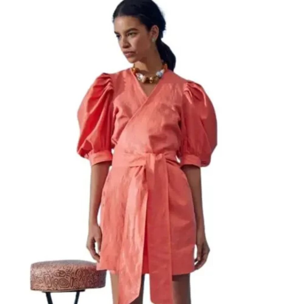 Hunter Bell New York Hampton Dress Puff Sleeve Wrap Mini Melon Orange Size S